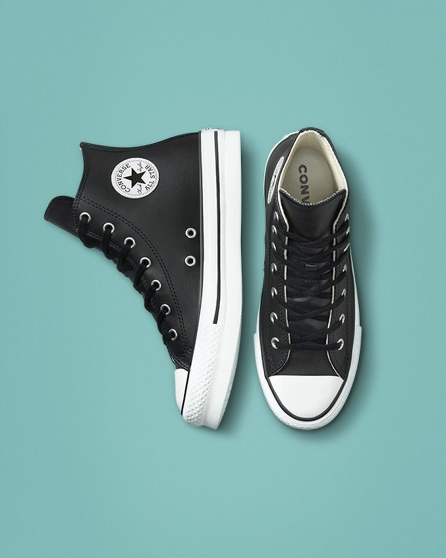 Topanky Na Platforme Converse Chuck Taylor All Star Lift Kozene Vysoke Chlapcenske Čierne Béžové Biele | SK L5AFD0